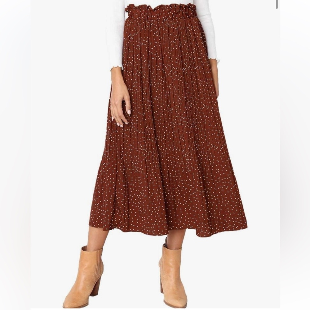 EXLURA High Waisted Polka Dot Pleated Midi Swing Skirt w/Pockets